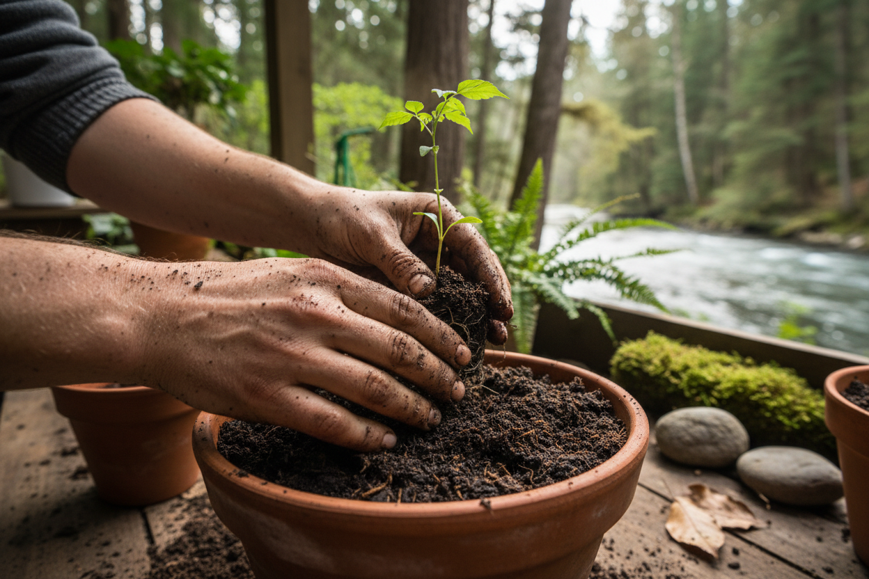 The Image: A close-up of hands working in soil—potting a plant or holding a seedling. It should feel tactile and messy in a good way, while also complimenting the garden/river/forest image and artistry used in the above image