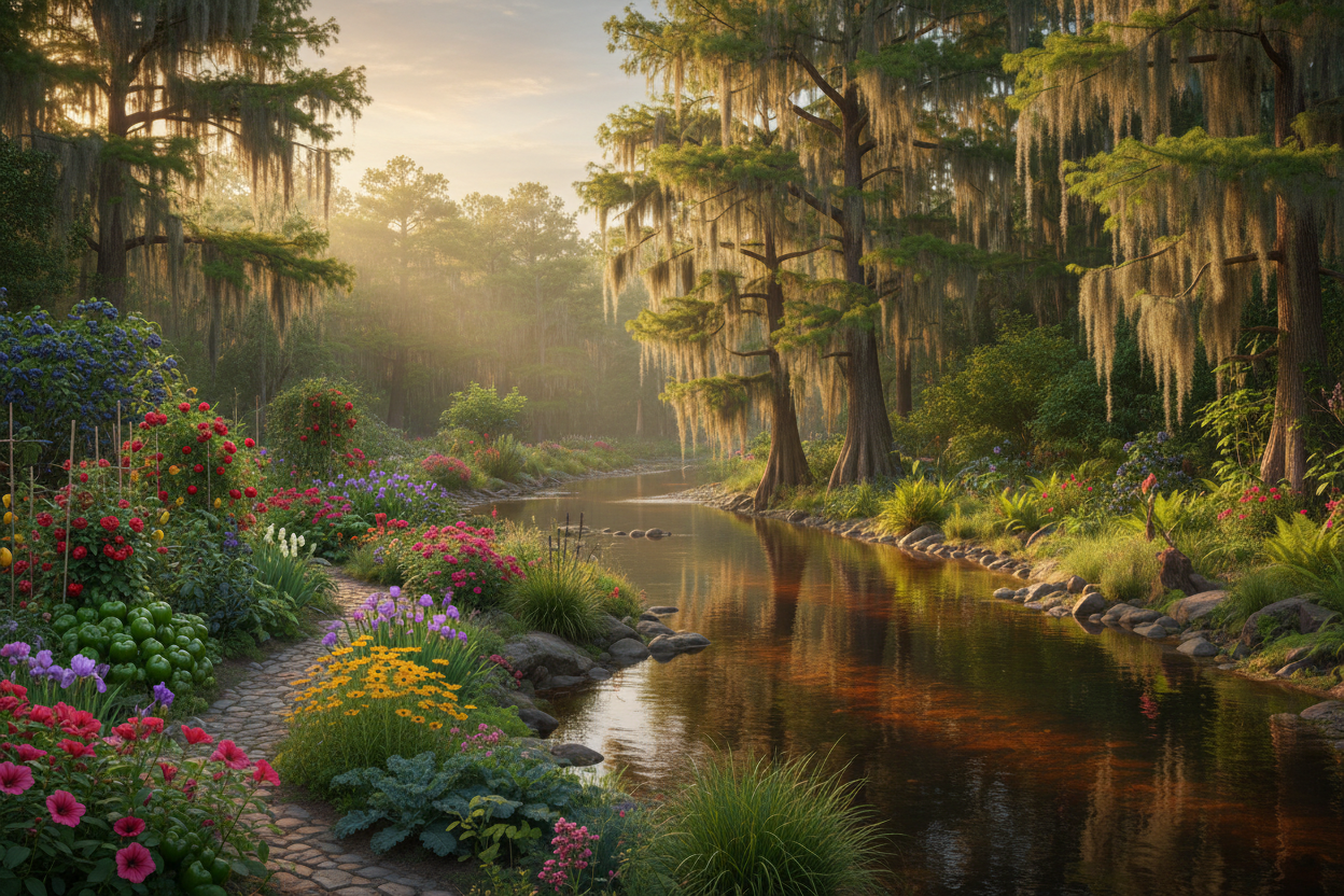 we need a landscape scene; start on the left as a vibrant garden, brimming with blooming flowers & thriving edible fruits/veggies. moving toward the middle of the image, the garden gives way to a southern river, the right side of which is heavily wooded and also thriving but with forest plant life (spanish moss, bald cypress trees, various fir trees and native blackwater plant life). This image should help convey the message: "expert advice for your garden. high-performance gear for your boat and atv life"